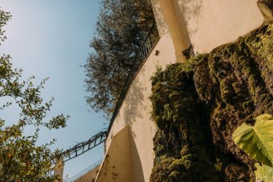 Blick vom Medusa-Brunnen auf die Treppe zwischen der zweiten und dritten Gartenebene Blick vom Medusa-Brunnen zur Treppe, die die zweite und die dritte Gartenebene miteinander verbindet.