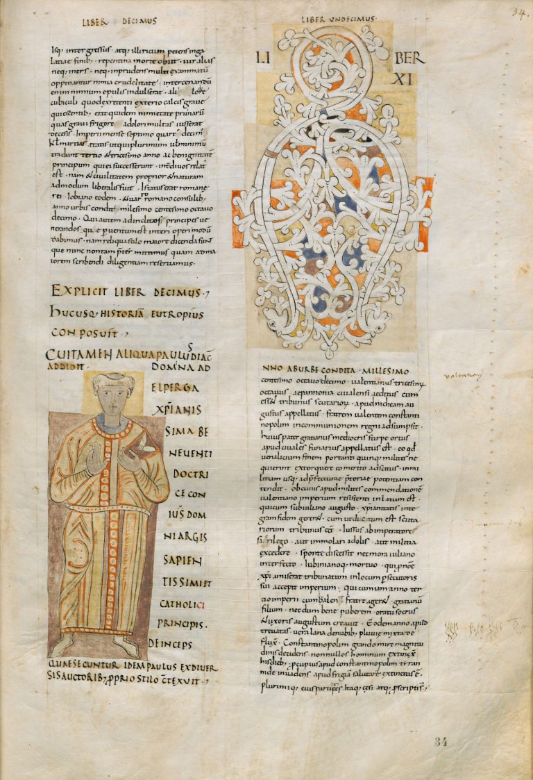 Biblioteca Medicea Laurenziana, Plut.65.35 - Folio 34r - Ende des Eutropius, Autorenbild Paulus Diaconus & Auftrag durch Adelperga Biblioteca Medicea Laurenziana, Plut.65.35 - Folio 34r - Ende des Eutropius, Autorenbild Paulus Diaconus & Auftrag durch Adelperga